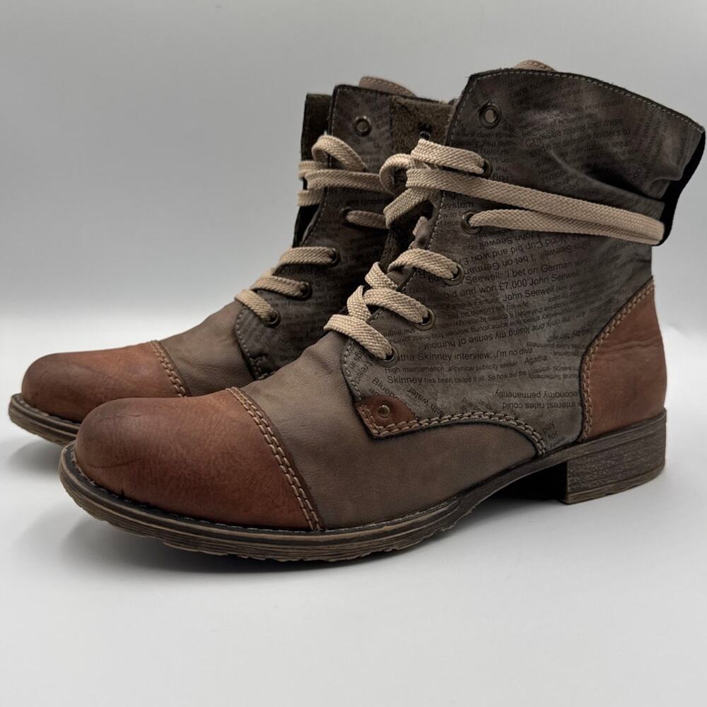 Rieker Payton Steampunk Moto Boots Womens 9 EU40 Grey Brown Newsprint Cap Toe